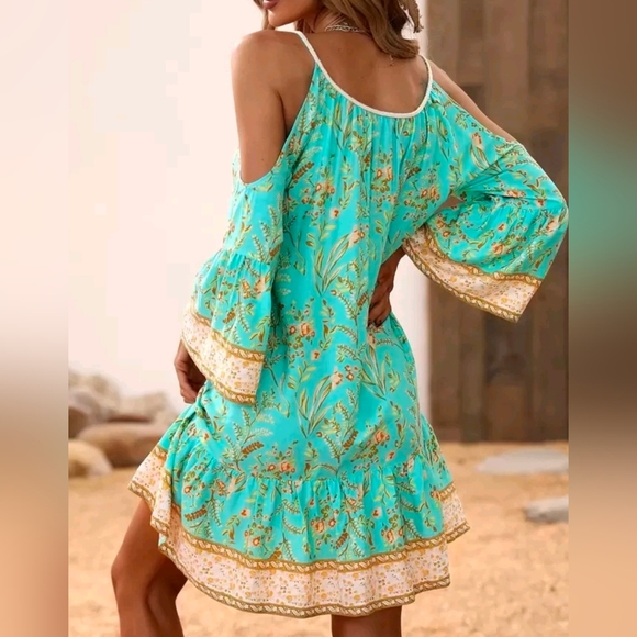 New Boho Coastal Floral Open Shoulder Mini Dress Turquoise Blue Green Tan - Picture 6 of 10